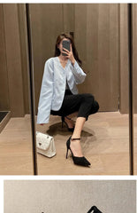 Spring and Autumn High Heel Women 2024 New Versatile Thin Heel Professional L Pointed Black Buckle Strap Single Shoe Women