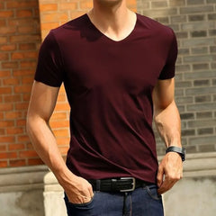 Mens Clothing Classic Japan Short Sleeve Men's Ice Silk Comfortable Trackless T-shirt V-neck Slim Short Sleeve T-shirts For Men