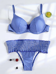 Miyouj Bow Bikinis 2024 Biquin Pleated Swimsuit Women Plaid Print Bikini Set Sexy Swimwear Push Up Beachwear Low Waist Bath Suit