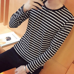 Striped T-shirt Men Long Sleeve Pullover Trendy Black White Striped Tops for Men Harajuku Casual Base Shirt Undershirt