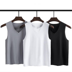 Male Summer Ice Silk T-Shirts Sleeveless V-Neck Vest Tank Top Breathable Cool Sports Undershirt Casual Gyms Running Vest M-5XL