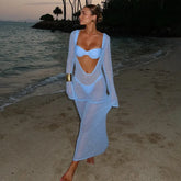 Sexy Beach Vacation Dress See Through Backless Knitted Cover Up Dress Female Two Wears Fashion Slim Knit Long Dress Lady