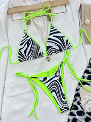 Zebra Print Halter micro Bikini 2025 women Bandeau String Swimsuit Female swimwear Neon Shiny bikini set Leopard Bathing Suit