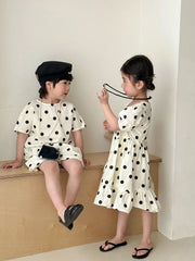 Trendy Children's Summer Clothing Boy's Casual Polka Dot T-shirt Set Girl's Sweet Dress Sibling Outfits Kid's Tee & Shorts Suit