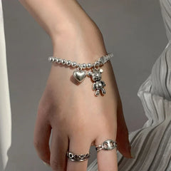Stainless steel Bracelets for Women String of Beads Accessories Trend Vintage Simple Cute Bear Pendant Party Jewelry