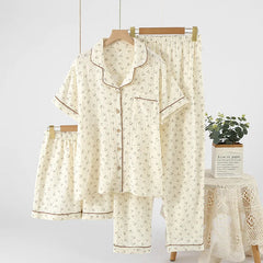 Women's Underwear Set Pure Cotton Summer Home Wear 3 Pieces Short Sleeve Sleepwear Women's Pajamas Female 2025 Lingerie