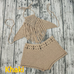Handgehäkeltes Strandbikini-Set für Damen, kurze Badebekleidung, sexy Quasten