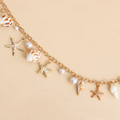 Boho-Sommer-Strand-Muschel-Taillenkette mit Imitationsperle, Seestern- und Muschelanhänger für Damen – Modeschmuck-Accessoires