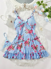 Women's Underwear Sexy Bra And Panties Sets Lace Ruffle Trim Lingerie Set Deep V Slip Dress Thong Women's Sexy Lingerie