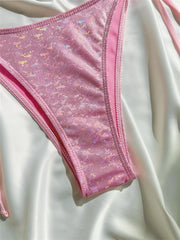 Glänzender pinkfarbener Bikini, extrem trägerloser rückenfreier Badeanzug mit Push-up-Effekt, Kawaii-Schleife, Urlaubsbademode, Damen-Mikro-Tangas, Strandbadeanzug