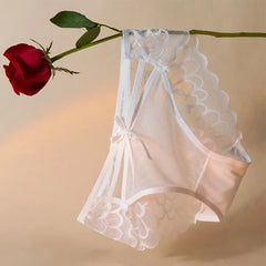 Sexy Damen-Dessous mit niedrigem Bund, durchsichtige Höschen aus Spitze und Mesh mit Schleife, ultradünne, atmungsaktive Unterwäsche für heiße Mädchen