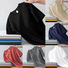 Spring Summer New Polyester Simple Casual Short Sleeve T-shirts For Men Clothing Solid Color Loose Streetwear