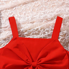 kids Clothing Sets For Girls Red Sleeveless Square Collar Ruffled Bowknot Elastic-Waist 8-12 Years Summer Fashion Sweet Style