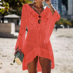 Summer Women Bikini Cover Up Hollow Out Knitted Flared Sleeves Swimwear Cover Up Solid Color Drawstring Beach Dress For Vacation