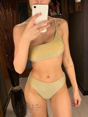 Shiny Glitter Sparkling High Waist Bikini Female Swimsuit Women Swimwear Two-pieces Bikini set One Shoulder Bathing Suit V1264