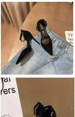 Spring and Autumn High Heel Women 2024 New Versatile Thin Heel Professional L Pointed Black Buckle Strap Single Shoe Women