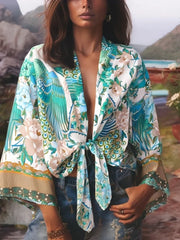 Happie Queens Peacock Kurzer Kimono Bademantel, Damenmode, florales Fledermausärmel-Design, Viskose, Boho-Bikini-Cover-Up, Strandmode