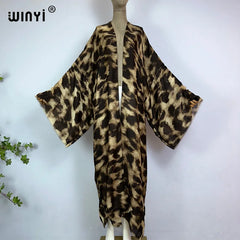 WINYI kimono summer leopard print vestidos Bikini Cover-up Elegant Cardigan sexy Holiday maxi beach swimsuit evening party dress