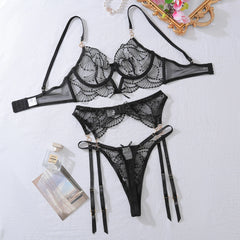 New Embroidered See-through Low-cut Lingerie Panty Set Lingerie Year Honeymoon Lingerie Party Club three-piece Set