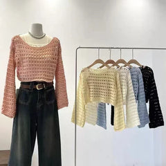 Women Long Sleeve Crochet Knitted Sweater Beach Bikini Cover Up Top Summer