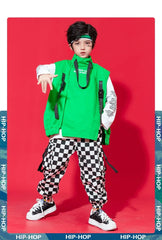 Kid Hip Hop Clothing Sleeveless Jacket Top Streetwear Checkered Tactical Cargo Jogger Pants for Girls Boys Dance Costume Clothes