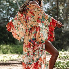 שמלה ארוכה עם שרוולים ארוכים וגבוהה בסגנון בוהמי בסגנון חוף לנשים, הדפס פרחוני, קרדיגן דק עם שרוולים ארוכים, שיפון רב-תכליתי לחג