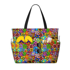 Hippie Flowers Large Beach Tote Bag Women Waterproof Sandproof Zipper Beach Tote Bags for Pool Gym Grocery Travel