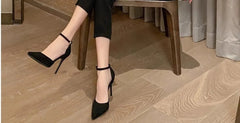 Spring and Autumn High Heel Women 2024 New Versatile Thin Heel Professional L Pointed Black Buckle Strap Single Shoe Women