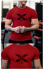 Men's Gym Fitness Clothing Man Cotton Sports Short Sleeve T-shirt Running Training Slim Printed Shirt Sweatshirt Casual Tops