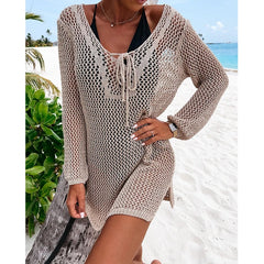 2023 Crochet Beach Cover Up Sexy Bikinis Cover-ups Hollow Out White Tunic Knitted Mini Summer Dress Women Beachwear Swim Suit