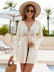 Swimsuits Beach Cover Up Long sleeve V-Neck White Pareo Beachwear Sun Protection Clothes Knitted Beachwear Lace Cover-Up Dress