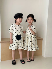 Trendy Children's Summer Clothing Boy's Casual Polka Dot T-shirt Set Girl's Sweet Dress Sibling Outfits Kid's Tee & Shorts Suit