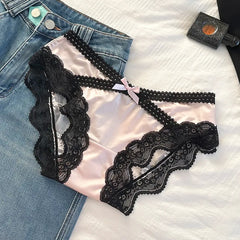 French Sexy Lace Satin Underwear for Women Low Waist Thin Mesh Hollow Out Bow Panties Sweet Girl Breathable Cotton Crotch Briefs
