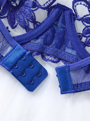 Fairy Sexy Lingerie Floral Embroidery Wire Bra Set Deep Blue Mesh Underwear Transparent Lingerie Honeymoon Intimate Lingerie Set