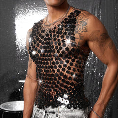 Sparkling Diamond Cut-Out See-Through Vest For Men - New Summer Style Sexy Nightclub Party Fishnet Beaded Outerwear Top