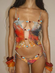 Whatiwear Sexy Colorful Bikini 3 Piece Set Women Pearls Patchwork Bra Tops+Shirring Briefs+Hollow Skirts Beach Style Outfits