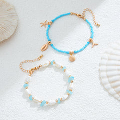 Salircon 2 יח'\סט בוהמי כוכב ים קונכייה אורז חרוזים צמיד קרסול שרשרת נשים 2024 טרנדי חוף צמידי קרסול ליידי תכשיטי אבזרים