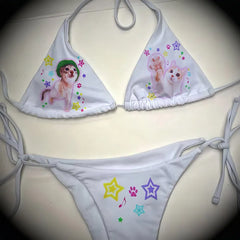 Sexy Damen Jesus Y2k Grafik Bademode Bikini Set BH zum Binden an der Seite G-String Tanga Strandanzug Badeanzug Badeanzug