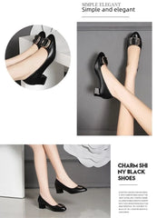 Soft Leather Office Work Shoes Women's Four-season Versatile Medium Heel Shoes Thick Heel Shallow Professional Leather Shoes