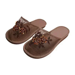 Women Indoor Slippers Sequin Flat Shoes Lady Summer Hollow Mesh Beach Slippers Flip Flops Casual Baotou Creative Flower Mesh