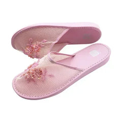 Women Indoor Slippers Sequin Flat Shoes Lady Summer Hollow Mesh Beach Slippers Flip Flops Casual Baotou Creative Flower Mesh