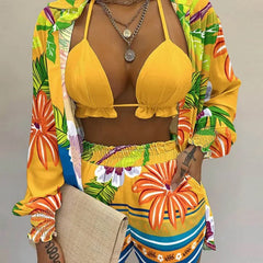 Cacocala 2023 Neues High-Waist-Bikini-Set mit Print, dreiteiliger Badeanzug für Damen, sexy Strandmode, Shorts