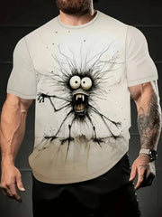 חולצת טריקו לגברים לבנה מצחיקה עם הדפסת תלת מימד מצוירת קיץ מזדמן עם שרוולים קצרים, סוודר אופנתי, בגדי גברים חיצוניים