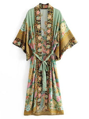 Bohemian Printed Bikini Cover-ups Green Tunic Long Kimono Cardigan Plus Size 2023 Women Beach Wear Swim Suit Cover Up A155