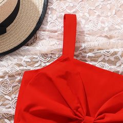 kids Clothing Sets For Girls Red Sleeveless Square Collar Ruffled Bowknot Elastic-Waist 8-12 Years Summer Fashion Sweet Style