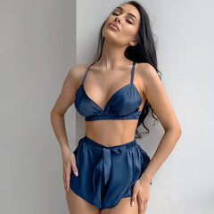 New Underwear Shorts Nightgown Three-piece Set Imitation Silk Home Clothes Spring Satin Feather Pajamas Women