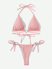 Sexy Swimsuit Women Black Halter String Triangle Micro Bikini Thong Heart Ring Ribbed Swimwear Bathing Suit Bikinis Sets 2025