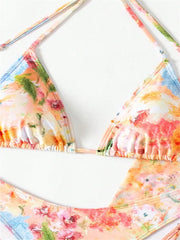 4 Piece Bikini Set Women Orange Floral Print Long Sleeve Mesh Cover Up Ruffle Skirt Swimsuit 2024 Sexy Bathing Suit Swimwear