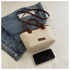 תיק כתף קש קלוע לנשים לחופשת קיץ וחוף הים, בעיצוב פשוט ליום-יום, תיק דלי קטן לנשים, מתאים לנסיעות, תיק קרוסבודי