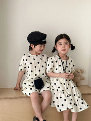 Trendy Children's Summer Clothing Boy's Casual Polka Dot T-shirt Set Girl's Sweet Dress Sibling Outfits Kid's Tee & Shorts Suit